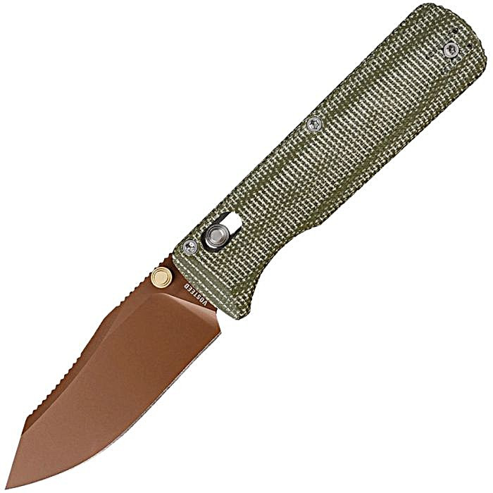 VOSA4111 3.88" (9.86cm) closed. 2.88" (7.32cm) 14C28N Sandvik stainless reverse tanto blade. Green canvas micarta handle. Thumb stud. Pocket clip. Copper Dune finish blade. Black nylon zippered storage case.