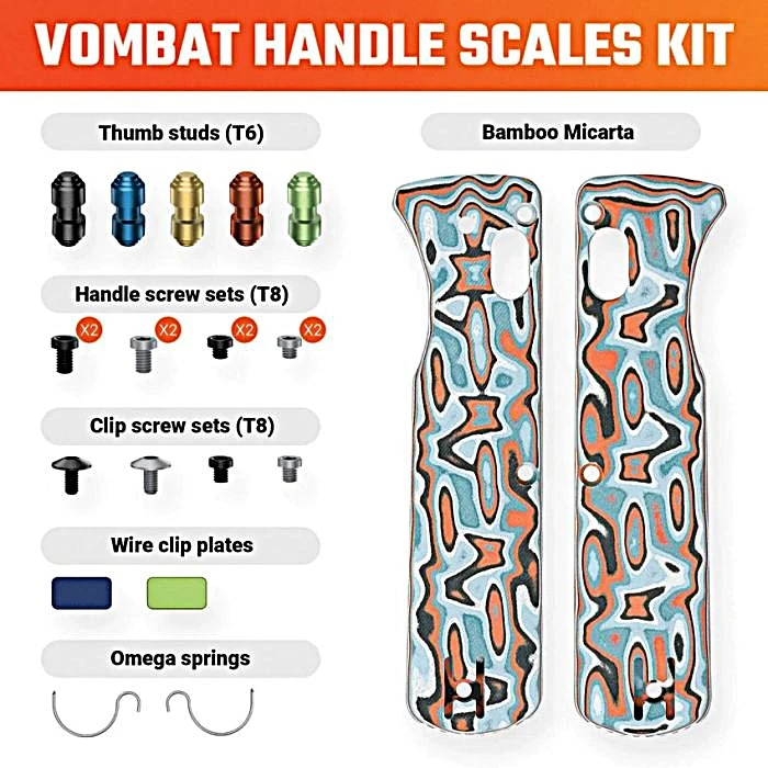 VOSW0109 Includes: (1) pair Omega springs; (2) Handle screw sets, black and gray (4) T8 screws each; (2) Clip screw sets, black and gray (2) screws each; (5) Thumb studs, black, blue, gold, red, green; (2) Clip plates, blue and green with no logo; (1) Pair handle scales. Micarta construction. Color: Canyon Current bamboo.