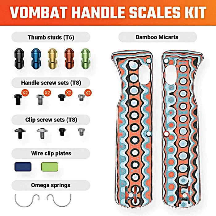 VOSW0108 Includes: (1) pair Omega springs; (2) Handle screw sets, black and gray (4) T8 screws each; (2) Clip screw sets, black and gray (2) screws each; (5) Thumb studs, black, blue, gold, red, green; (2) Clip plates, blue and green with no logo; (1) Pair handle scales. Micarta construction. Color: Coral Orbit bamboo.