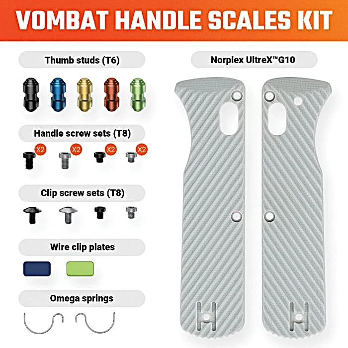 VOSW0104 Includes: (1) pair Omega springs; (2) Handle screw sets, black and gray (4) T8 screws each; (2) Clip screw sets, black and gray (2) screws each; (5) Thumb studs, black, blue, gold, red, green; (2) Clip plates, blue and green with no logo; (1) Pair handle scales. G10 construction. Color: Norplex UltreX Gray.