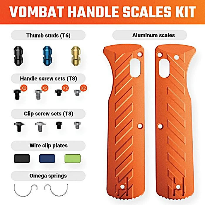 VOSX0137 Includes: (1) Pair aluminum scales; (1) Pair Omega springs; (2) Handle screw sets, black and gray (4xT8 screws each); (2) Clip screw sets, black and gray (2 screws each); (3) Thumb studs (Black, Blue, Gold); (3) Clip plates (Black, Blue, Green) no logo. Color: Orange.