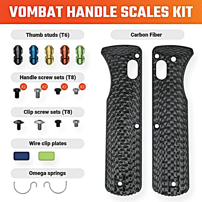 VOSW0107 Includes: (1) pair Omega springs; (2) Handle screw sets, black and gray (4) T8 screws each; (2) Clip screw sets, black and gray (2) screws each; (5) Thumb studs, black, blue, gold, red, green; (2) Clip plates, blue and green with no logo; (1) Pair handle scales. Carbon fiber construction.