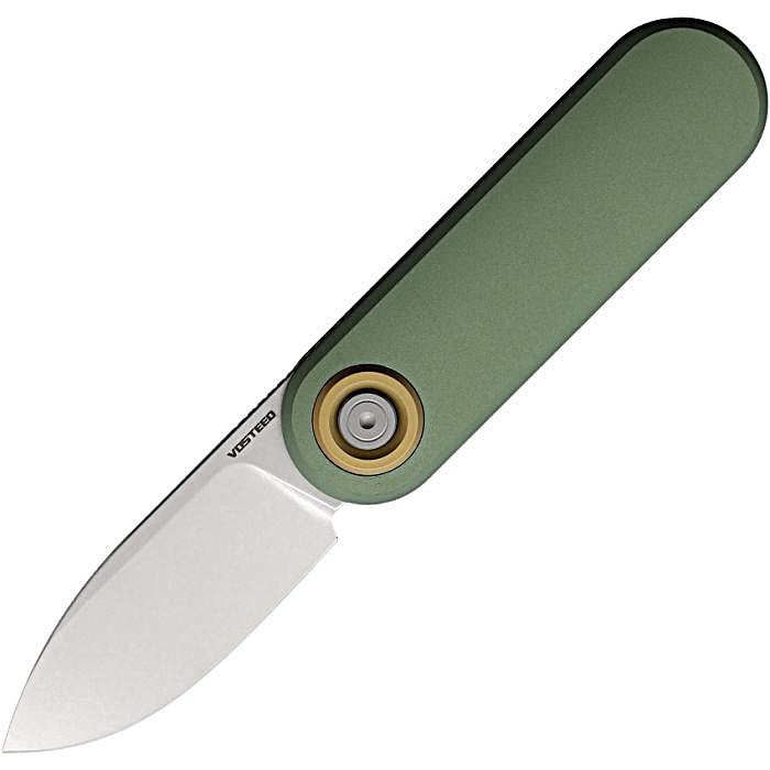 VOSA3702 3.5" (8.89cm) closed. 2.38" (6.05cm) stonewash finish 14C28N Sandvik stainless drop point blade. Green aluminum handle. Extended tang. Pocket clip. Black nylon zippered storage case.