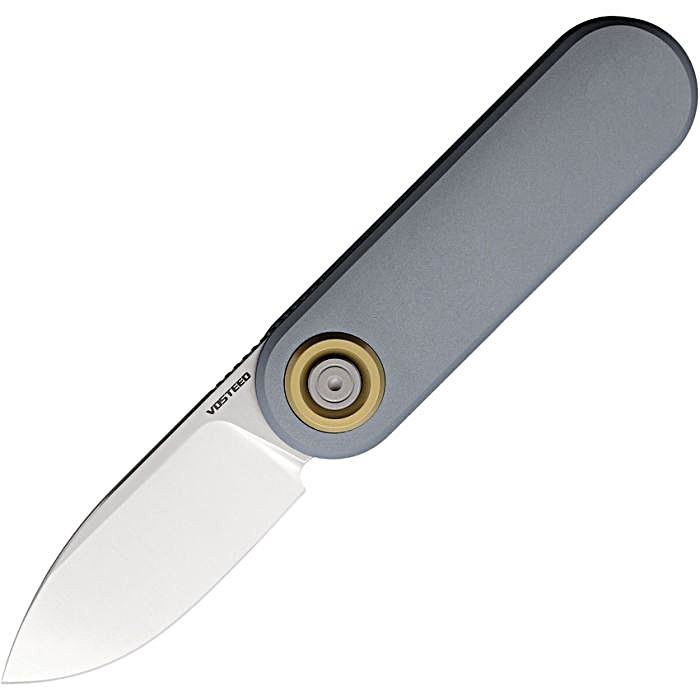 VOSA3703 3.5" (8.89cm) closed. 2.38" (6.05cm) satin finish 14C28N Sandvik stainless drop point blade. Gray aluminum handle. Extended tang. Pocket clip. Black nylon zippered storage case.