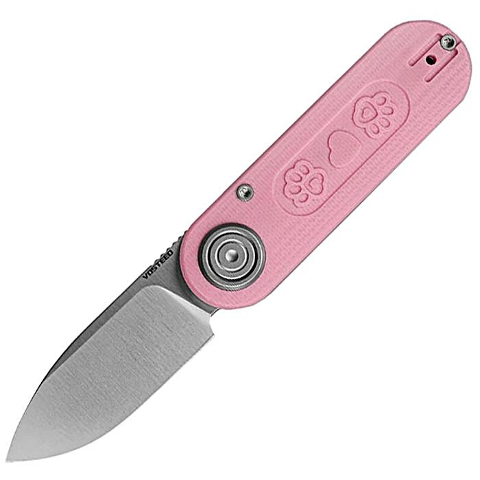 VOSA3728 3.5" (8.89cm) closed. 2.38" (6.05cm) satin finish 14C28N Sandvik stainless drop point blade. Pink G10 handle. Extended tang. Pocket clip. Limited edition. Valentine handle artwork. Black nylon zippered storage case.