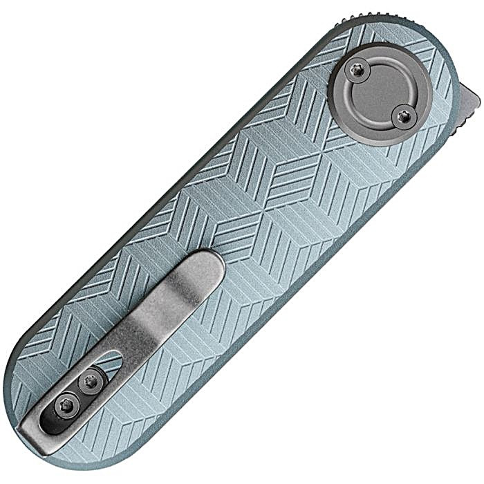 VOSA3725 3.5" (8.89cm) closed. 2.38" (6.05cm) satin finish 14C28N Sandvik stainless drop point blade. Textured aluminum handle. Extended tang. Pocket clip. Macaron blue handle. Black nylon zippered storage case.