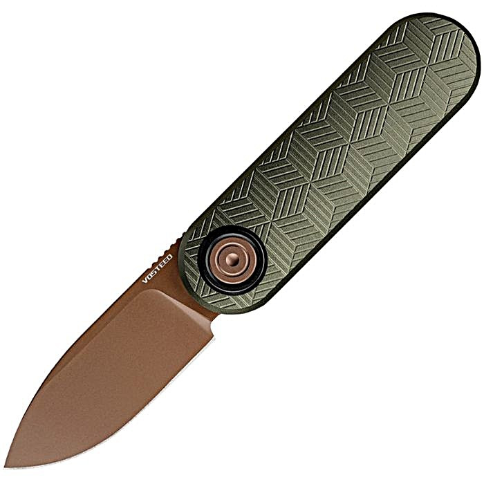 VOSA3724 3.5" (8.89cm) closed. 2.38" (6.05cm) 14C28N Sandvik stainless drop point blade. Green textured aluminum handle. Pocket clip. Copper Dune finish blade. Black nylon zippered storage case.