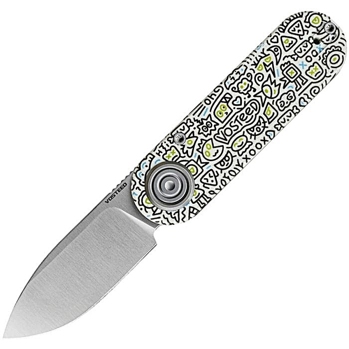 VOSA3727 3.5" (8.89cm) closed. 2.38" (6.05cm) satin finish 14C28N Sandvik stainless drop point blade. White G10 handle. Extended tang. Pocket clip. Doodle Monster handle artwork. Black nylon zippered storage case.