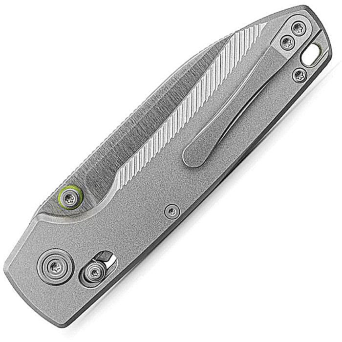 VOSA4501 4.38" (11.13cm) closed. 3.25" (8.26cm) sand blast finish 154CM stainless blade. Gray titanium handle. Thumb stud. Lanyard hole. Pocket clip. Black nylon zippered storage case.