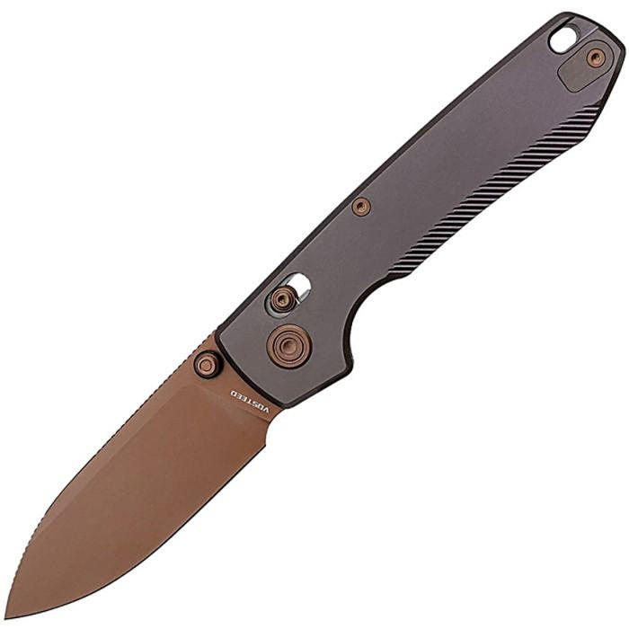 VOSA4503 4.38" (11.13cm) closed. 3.25" (8.26cm) 154CM stainless drop point blade. Titanium handle. Thumb stud. Lanyard hole. Pocket clip. Copper Dune finish blade. Reddish purple handle. Black nylon zippered storage case.