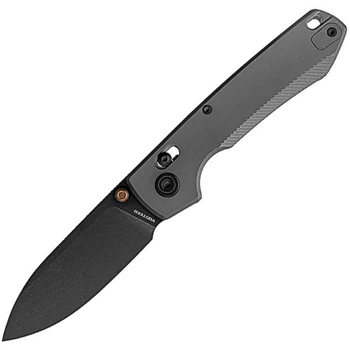 VOSA4505 4.38" (11.13cm) closed. 3.25" (8.26cm) black stonewash finish 154CM stainless drop point blade. Dim Gray titanium handle. Thumb stud. Lanyard hole. Pocket clip. Black nylon zippered storage case.