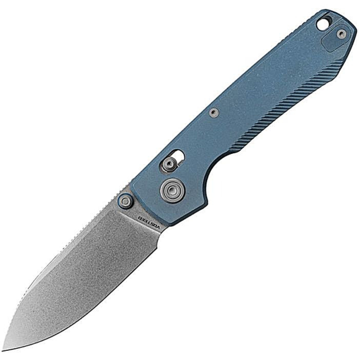 VOSA4502 4.38" (11.13cm) closed. 3.25" (8.26cm) stonewash finish 154CM stainless drop point blade. Blue titanium handle. Thumb stud. Lanyard hole. Pocket clip. Black nylon zippered storage case.