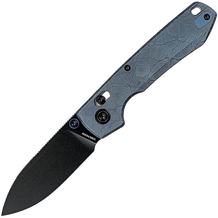 VOSA4510 4.38" (11.13cm) closed. 3.25" (8.26cm) black stonewash finish S35VN stainless drop point blade. Blue stonewash finish titanium handle. Thumb stud. Lanyard hole. Pocket clip.