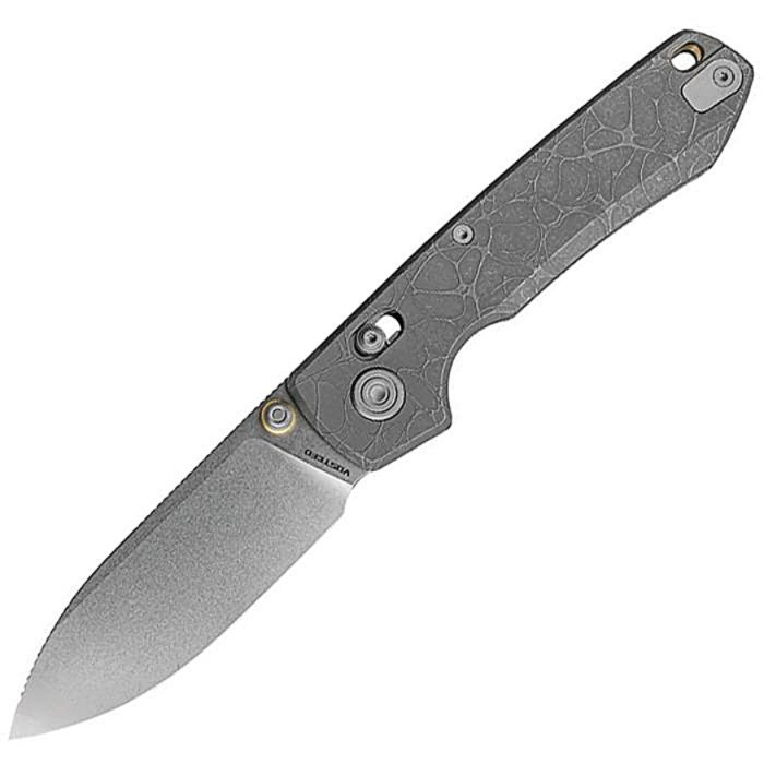 VOSA4506 4.38" (11.13cm) closed. 3.25" (8.26cm) stonewash finish S35VN stainless drop point blade. Acid etched titanium handle. Thumb stud. Lanyard hole. Pocket clip. Black nylon zippered storage case.