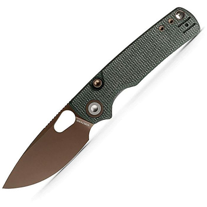 VOSA2609 4.13" (10.49cm) closed. 3" (7.62cm) 14C28N Sandvik stainless drop point blade. Green canvas micarta handle. Thumb pull. Lanyard hole. Pocket clip. Copper Dune finish blade. Black nylon pouch.