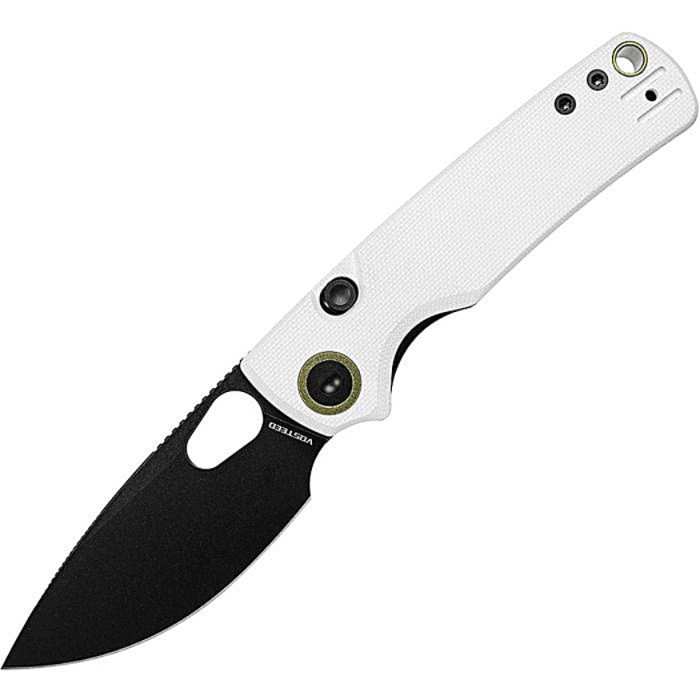 VOSA2606 4.13" (10.49cm) closed. 3" (7.62cm) black stonewash finish 14C28N Sandvik stainless drop point blade. White G10 handle. Thumb pull. Lanyard hole. Pocket clip. Green accents. Black nylon pouch.