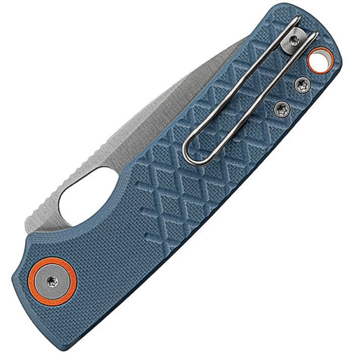 VOSA2621 4.25" (10.8cm) closed. 3" (7.62cm) satin finish 14C28N Sandvik stainless drop point blade. Blue sculpted G10 handle. Thumb pull. Lanyard hole. Pocket clip.
