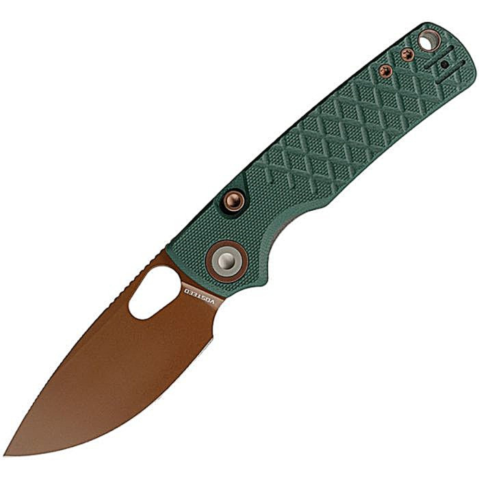 VOSA2623 4.13" (10.49cm) closed. 3" (7.62cm) 14C28N Sandvik stainless drop point blade. Green sculpted G10 handle. Thumb pull. Lanyard hole. Pocket clip. Copper Dune finish blade. Black nylon zippered storage case.