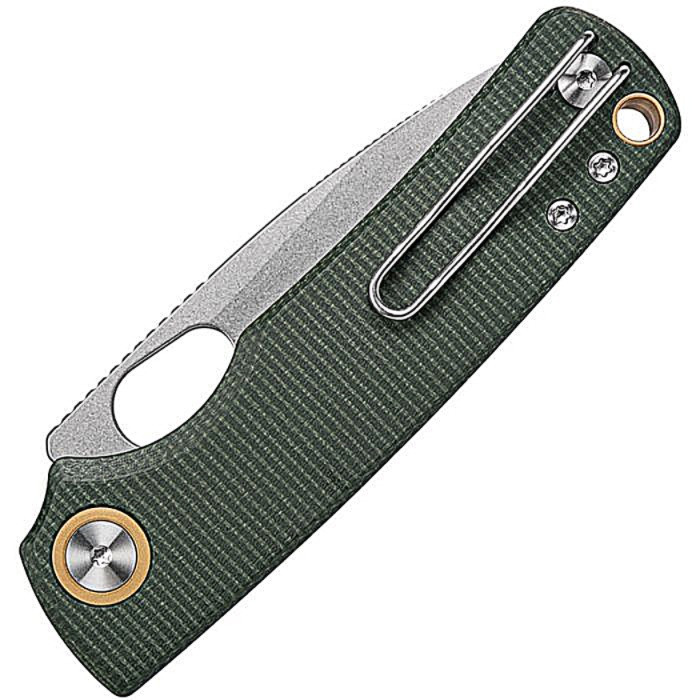 VOSA2603 4.13" (10.49cm) closed. 3" (7.62cm) stonewash finish 14C28N Sandvik stainless drop point blade. Green canvas micarta handle. Thumb pull. Lanyard hole. Pocket clip. Black nylon pouch.