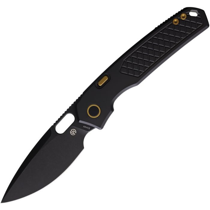 VOSA2201 4.75" (12.07cm) closed. 3.25" (8.26cm) black stonewash finish Elmax steel drop point blade. Black titanium handle. Thumb pull. Lanyard hole. Pocket clip. Extended tang. Hardside case.