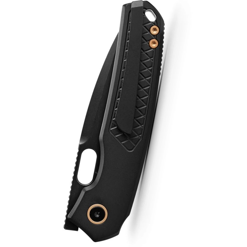 VOSA2201 4.75" (12.07cm) closed. 3.25" (8.26cm) black stonewash finish Elmax steel drop point blade. Black titanium handle. Thumb pull. Lanyard hole. Pocket clip. Extended tang. Hardside case.