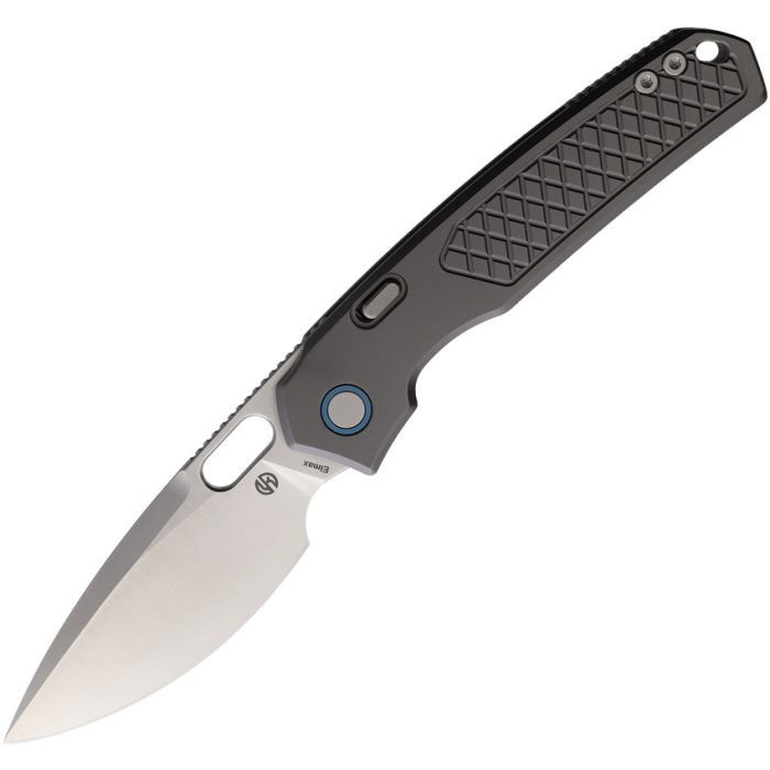 VOSA2202 4.75" (12.07cm) closed. 3.25" (8.26cm) satin finish Elmax steel drop point blade. Gray textured titanium handle. Thumb pull. Lanyard hole. Pocket clip. Extended tang. Hardside case.