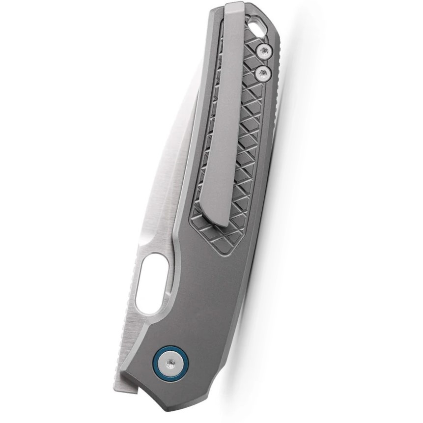 VOSA2202 4.75" (12.07cm) closed. 3.25" (8.26cm) satin finish Elmax steel drop point blade. Gray textured titanium handle. Thumb pull. Lanyard hole. Pocket clip. Extended tang. Hardside case.