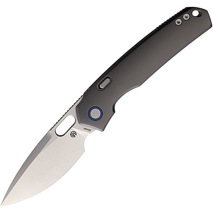 VOSA2204 4.75" (12.07cm) closed. 3.25" (8.26cm) satin finish Elmax steel drop point blade. Gray titanium handle. Thumb pull. Lanyard hole. Pocket clip. Extended tang. Hardside case.