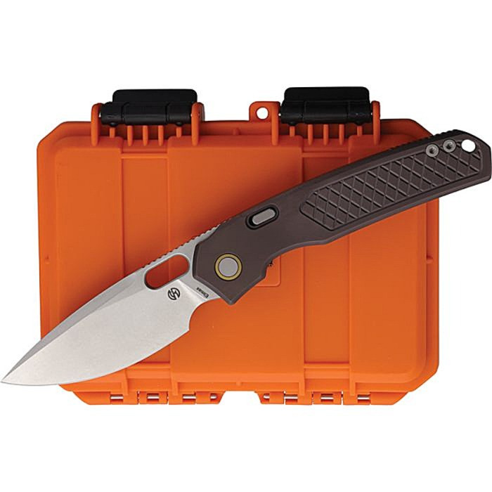 VOSA2206 4.75" (12.07cm) closed. 3.38" (8.59cm) stonewash finish Elmax steel drop point blade. Purple titanium handle. Thumb pull. Lanyard hole. Pocket clip. Black nylon zippered storage case.
