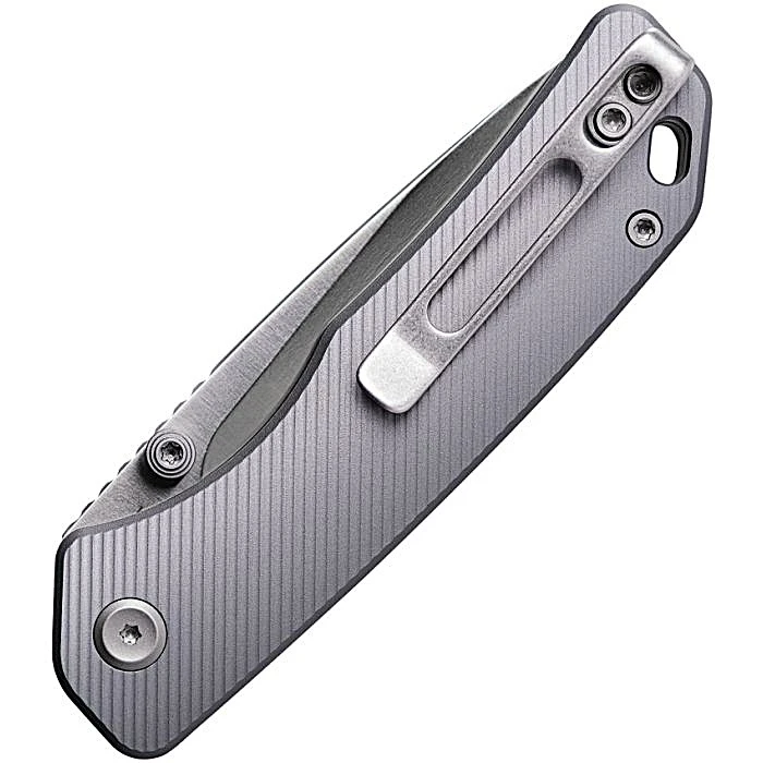 VOSA1601 3.88" (9.86cm) closed. 3" (7.62cm) satin finish 154CM stainless drop point blade. Gray fluted aluminum handle. Thumb stud. Lanyard hole. Pocket clip. Black nylon zippered storage case.