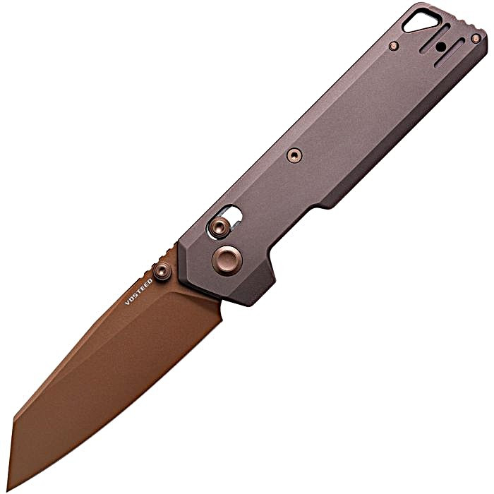 VOSA3505 4.13? (10.49cm) closed. 2.9? (7.37cm) copper finish S35VN stainless blade. Copper Dune titanium handle. Thumb stud. Lanyard hole. Pocket clip. Black nylon zippered storage case.