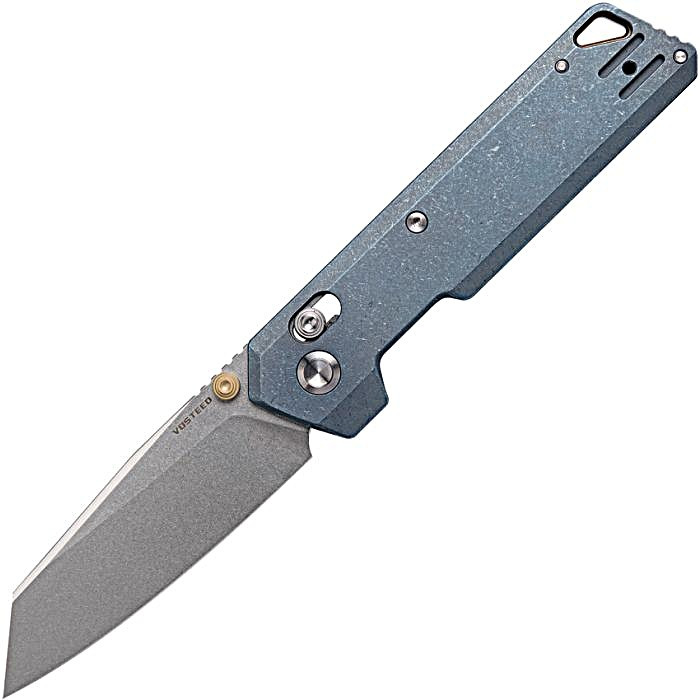 VOSA3504 4.13" (10.49cm) closed. 3" (7.62cm) stonewash finish S35VN stainless reverse tanto blade. Blue stonewash finish titanium handle. Thumb stud. Lanyard hole. Pocket clip. Black nylon zippered storage case.