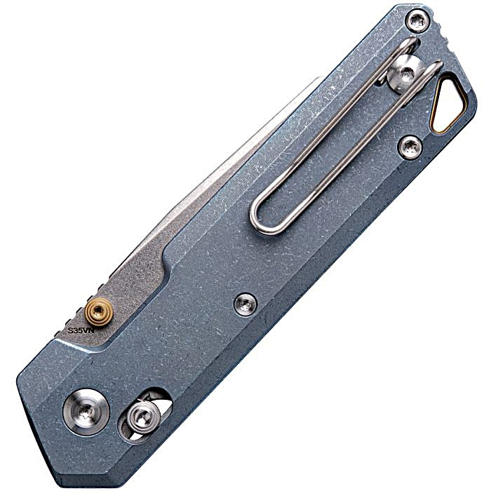 VOSA3504 4.13" (10.49cm) closed. 3" (7.62cm) stonewash finish S35VN stainless reverse tanto blade. Blue stonewash finish titanium handle. Thumb stud. Lanyard hole. Pocket clip. Black nylon zippered storage case.