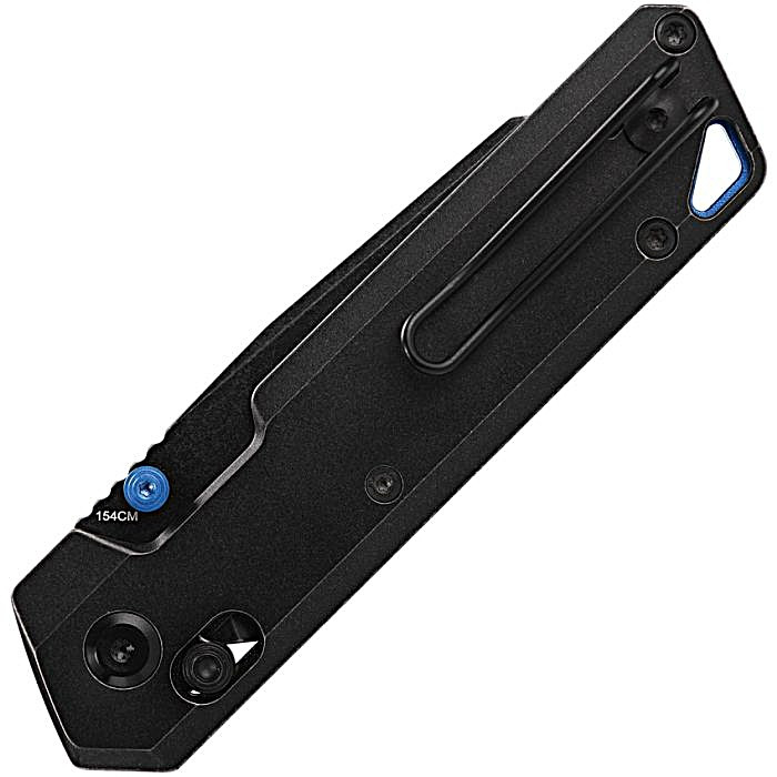 VOSA3501 4.13" (10.49cm) closed. 3" (7.62cm) black stonewash finish 154CM stainless reverse tanto blade. Black titanium handle. Pocket clip. Thumb stud. Lanyard hole. Black nylon zippered storage case.