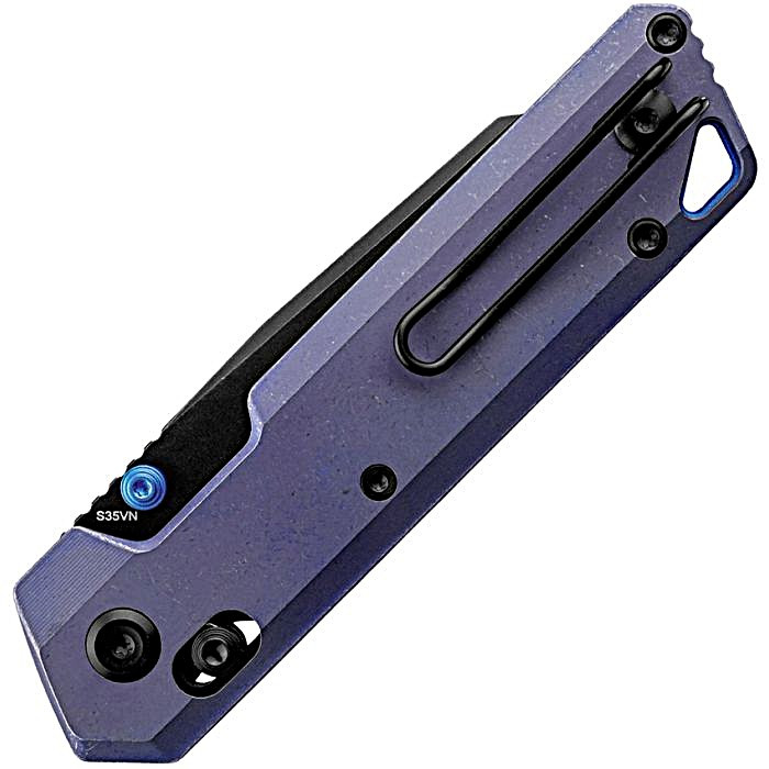 VOSA3518 4.13" (10.49cm) closed. 2.9" (7.37cm) black stonewash finish S35VN stainless reverse tanto blade. Purple anodized titanium handle. Thumb stud. Lanyard hole. Pocket clip. Black nylon zippered storage case.