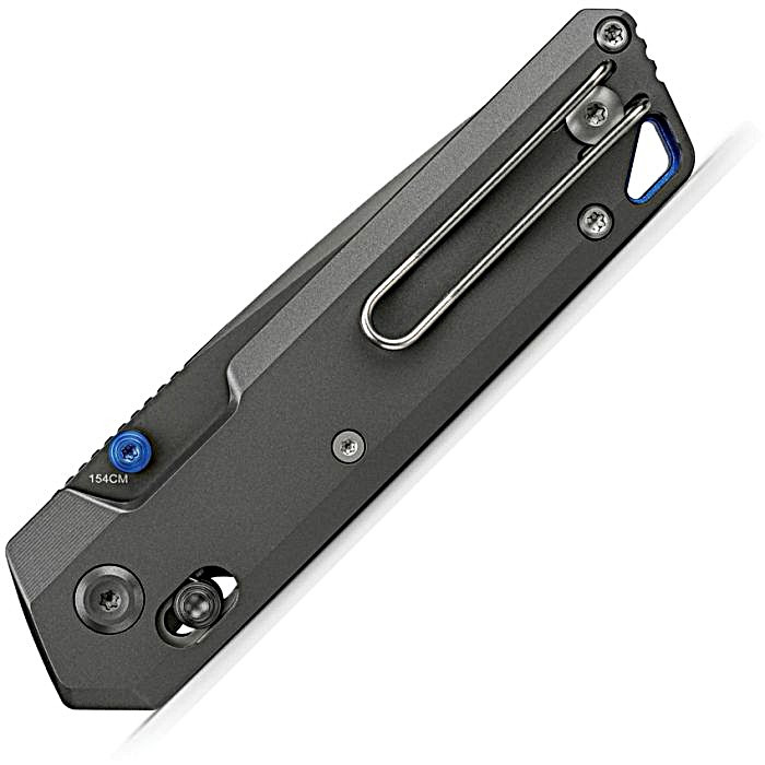 VOSA3510 4.13" (10.49cm) closed. 2.9" (7.37cm) 154CM stainless tanto blade. Dim Gray titanium handle. Thumb stud. Lanyard hole. Pocket clip. Destroyer gray blade. Black nylon zippered storage case.