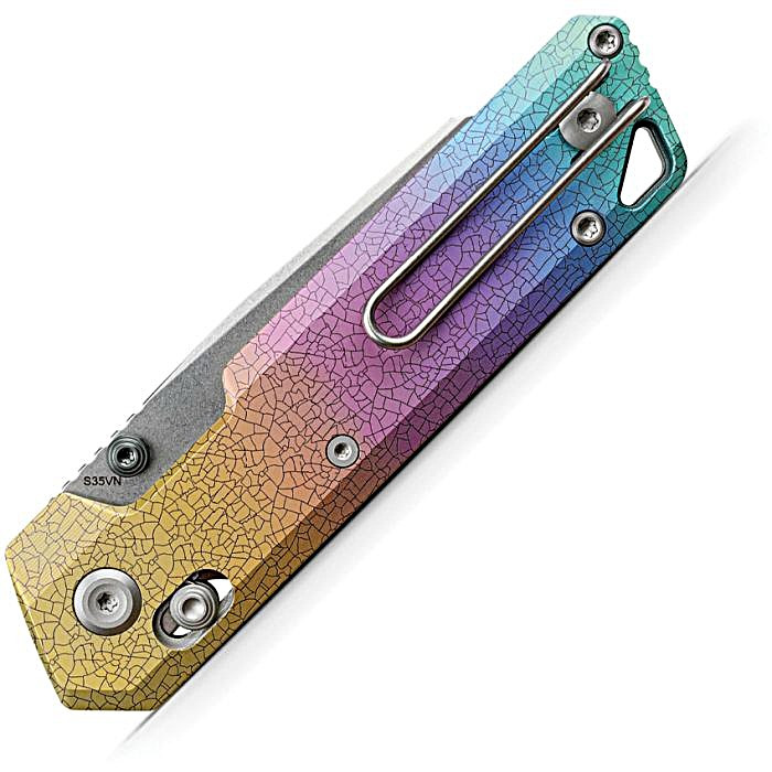 VOSA3508 4.13" (10.49cm) closed. 2.9" (7.37cm) stonewash finish S35VN stainless reverse tanto blade. Iridescent Crackle titanium handle. Thumb stud. Lanyard hole. Pocket clip. Black nylon zippered storage case.