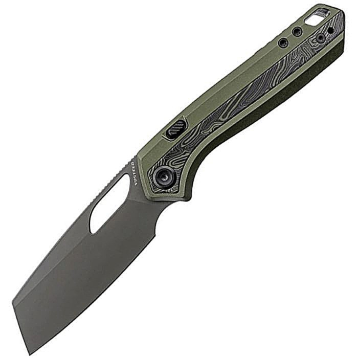 VOSA1812 4.38" (11.13cm) closed. 3.25" (8.26cm) flat ground S35VN stainless sheepsfoot blade. Olive aluminum handle with Topo G10 inlay. Thumb pull. Lanyard hole. Pocket clip. Destroyer gray blade. Black nylon zippered storage case.