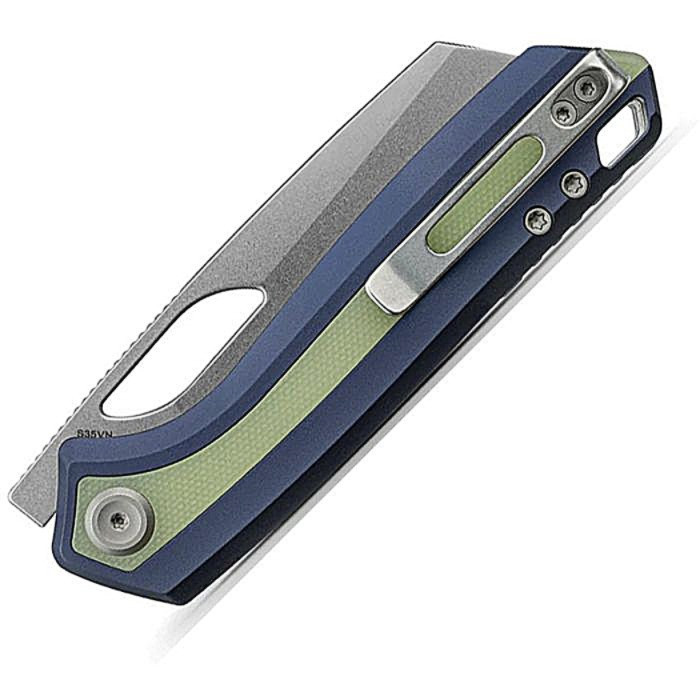 VOSA1814 4.38" (11.13cm) closed. 3.25" (8.26cm) stonewash finish S35VN stainless sheepsfoot blade. Slate blue aluminum handle with glow G10 inlay. Thumb pull. Lanyard hole. Pocket clip.