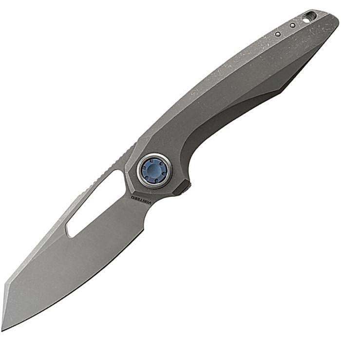 VOSA4302 4.75" (12.07cm) closed. 3.5" (8.89cm) Bohler M390 stainless reverse tanto blade. Dim Gray titanium handle. Extended tang. Thumb pull. Lanyard hole. Pocket clip. Stonewash and acid wash finish blade. Black nylon zippered storage case.