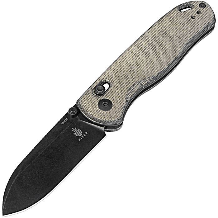 KIV3619C4 4.13" (10.49cm) closed. 3" (7.62cm) black stonewash finish 154CM stainless blade. Gray micarta handle. Thumb stud. Lanyard hole. Pocket clip.