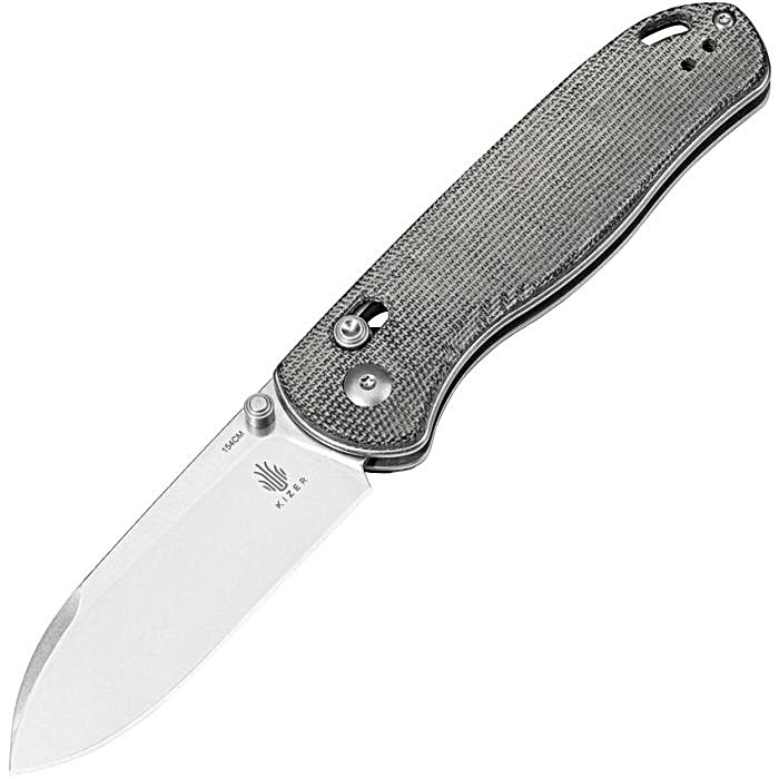 KIV3619C3 4.13" (10.49cm) closed. 3" (7.62cm) stonewash finish 154CM stainless blade. Gray micarta handle. Thumb stud. Lanyard hole. Pocket clip.