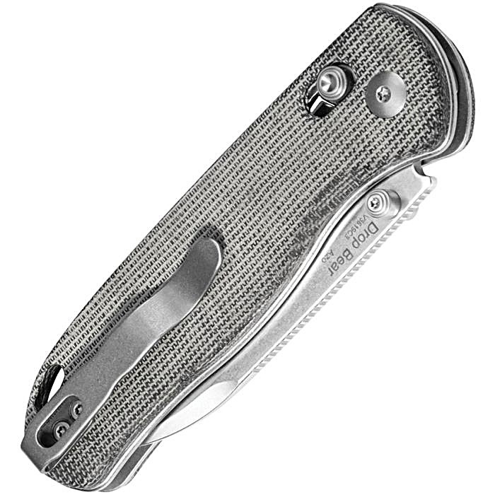 KIV3619C3 4.13" (10.49cm) closed. 3" (7.62cm) stonewash finish 154CM stainless blade. Gray micarta handle. Thumb stud. Lanyard hole. Pocket clip.