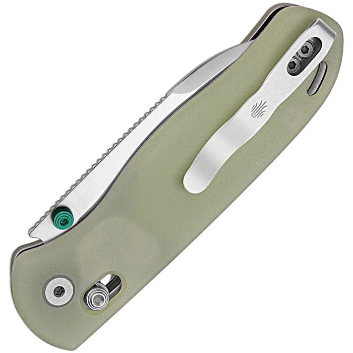 KIV3619A20 4" (10.16cm) closed. 3" (7.62cm) stonewash finish Nitro V steel drop point blade. Green glow in the dark G10 handle. Thumb stud. Lanyard hole. Pocket clip