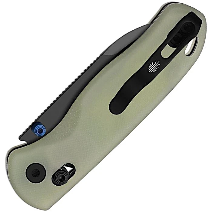 KIV3619A21 4" (10.16cm) closed. 3" (7.62cm) black PVD coated Nitro V steel drop point blade. Blue glow in the dark G10 handle. Thumb stud. Lanyard hole. Pocket clip