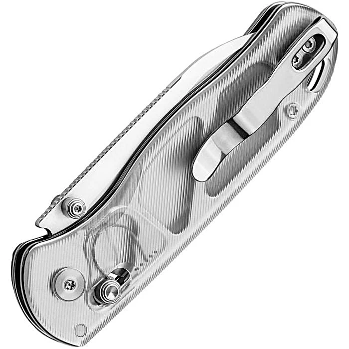KIV3619A1 4" (10.16cm) closed. 3" (7.62cm) satin finish Nitro V steel blade. Clear acrylic handle. Thumb stud. Lanyard hole. Pocket clip