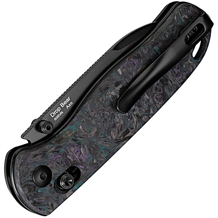 KI3619A4 4.13" (10.49cm) closed. 3" (7.62cm) black finish S35VN stainless blade. Dark Matter carbon fiber handle. Lanyard hole. Thumb stud. Black nylon pouch.