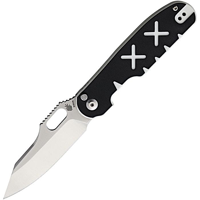 KI4562 4.13" (10.49cm) closed. 3.25" (8.26cm) satin finish S35VN stainless blade. Black and white G10 handle. Thumb pull. Pocket clip. Black nylon pouch.