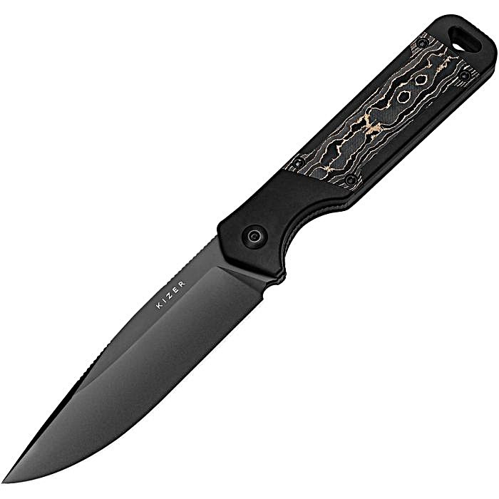 KI1067A1 8.13" (20.65cm) overall. 4" (10.16cm) black stonewash finish S35VN stainless blade. Black aluminum handle with Gold aluminum foil carbon fiber inlay. Full tang. Lanyard hole. Black Kydex belt sheath.