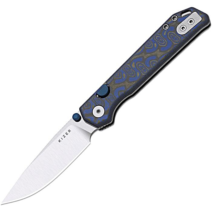 KIV34582BDA1 4.13" (10.49cm) closed. 2.9" (7.37cm) satin finish CTS-BD1 stainless drop point blade. Blue and black Vortex micarta handle. Thumb stud. Lanyard hole. Pocket clip